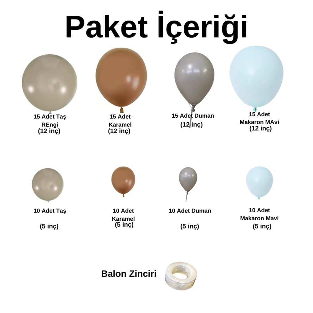 Zincir Balon Seti Taş Rengi-Karamel-Duman-Makaron Mavi 4 Renk 100 Adet+Balon Şeridi