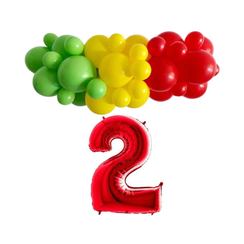Mini Zincir Balon Seti Açık Yeşil-Sarı-Kırmızı-2 34 inç Kırmızı Folyo Balon 30 Adet +Balon Şeridi