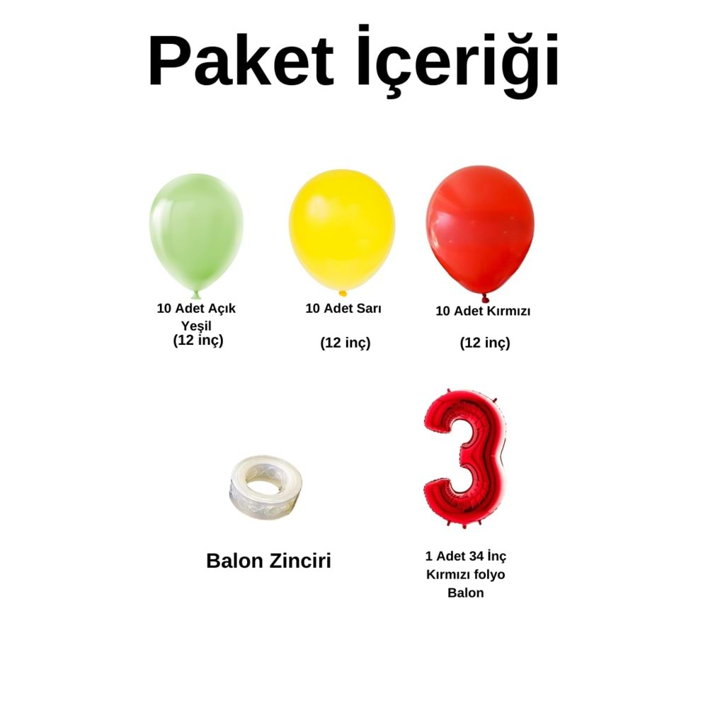 Mini Zincir Balon Seti Açık Yeşil-Sarı-Kırmızı-3 34 inç Kırmızı Folyo Balon 30 Adet +Balon Şeridi