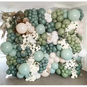 Zincir Balon Seti Adaçayı-Kış Yeşili-Okaliptus-Bej-Beyaz 5 Renk 100 Adet +Balon Şeridi