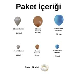 Zincir Balon Seti Karamel-Derin Okyanus-Duman 3 Renk 100 Adet +Balon Şeridi