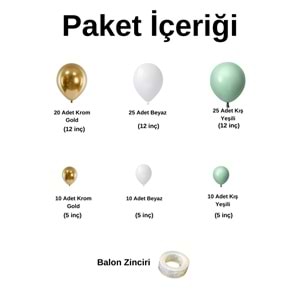 Zincir Balon Seti Kış Yeşili-Beyaz-Krom Gold 3 Renk 100 Adet +Balon Şeridi