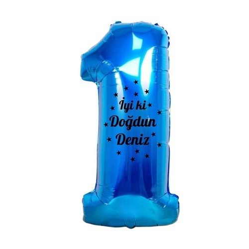 34 inç 1 Mavi Renk Kişiye Özel İyi ki Doğdun Yazılı Yıldız Figürlü Rakam Folyo Balon