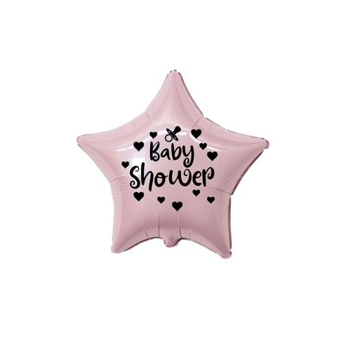 18 inç Pembe Renk Kalp - Emzik Figürlü Baby Shower Temalı Yıldız Folyo Balon