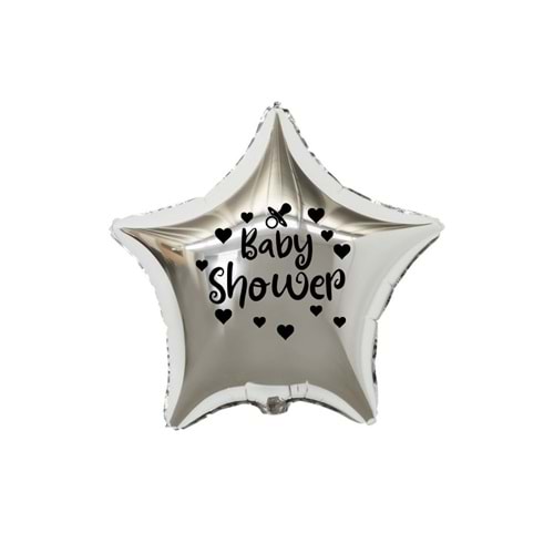 18 inç Gümüş Renk Kalp - Emzik Figürlü Baby Shower Temalı Yıldız Folyo Balon