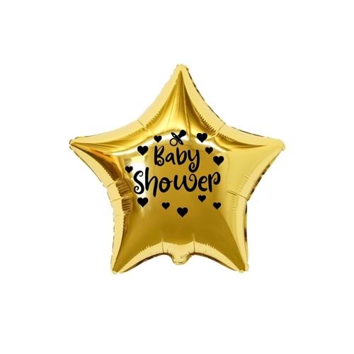18 inç Gold Renk Kalp - Emzik Figürlü Baby Shower Temalı Yıldız Folyo Balon
