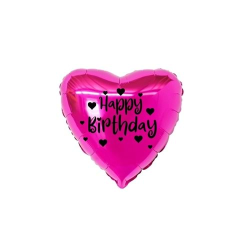 18 inç Fuşya Renk Kalp Figürlü Happy Birthday Temalı Kalp Folyo Balon
