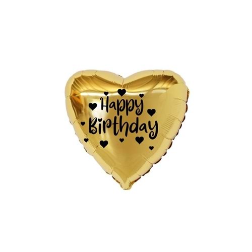 18 inç Gold Renk Kalp Figürlü Happy Birthday Temalı Kalp Folyo Balon
