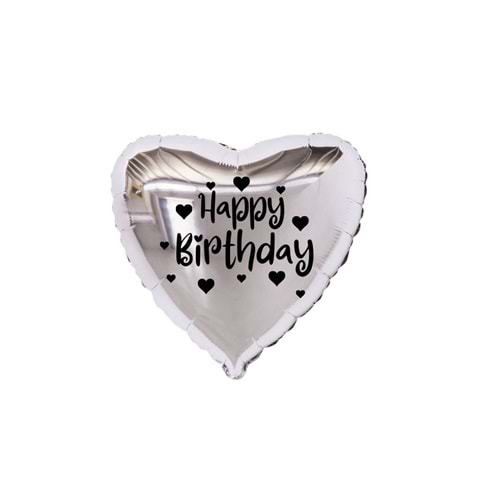 18 inç Gümüş Renk Kalp Figürlü Happy Birthday Temalı Kalp Folyo Balon