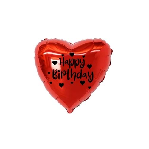 18 inç Kırmızı Renk Kalp Figürlü Happy Birthday Temalı Kalp Folyo Balon
