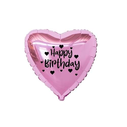 18 inç Pembe Renk Kalp Figürlü Happy Birthday Temalı Kalp Folyo Balon