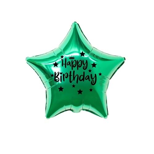 18 inç Yeşil Renk Taç - Yıldız Figürlü Happy Birthday Temalı Yıldız Folyo Balon
