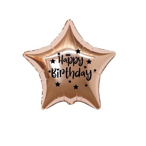 18 inç Rose Gold Renk Taç - Yıldız Figürlü Happy Birthday Temalı Yıldız Folyo Balon