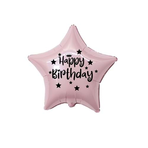 18 inç Pembe Renk Taç - Yıldız Figürlü Happy Birthday Temalı Yıldız Folyo Balon