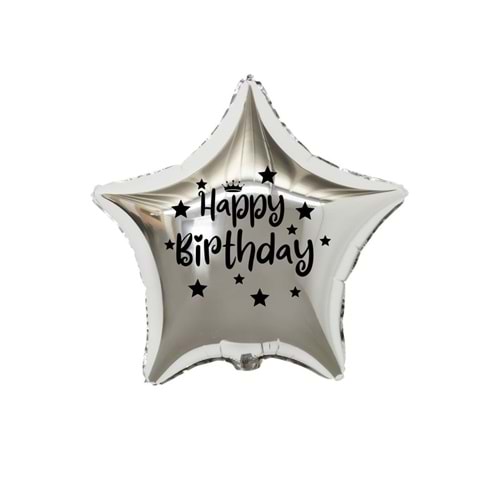 18 inç Gümüş Renk Taç - Yıldız Figürlü Happy Birthday Temalı Yıldız Folyo Balon