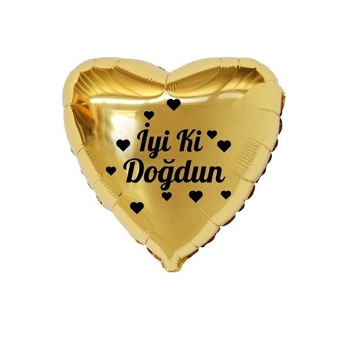 18 inç Gold Renk Kalp Figürlü İyi ki Doğdun Temalı Kalp Folyo Balon