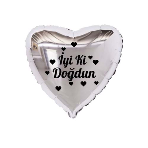 18 inç Gümüş Renk Kalp Figürlü İyi ki Doğdun Temalı Kalp Folyo Balon