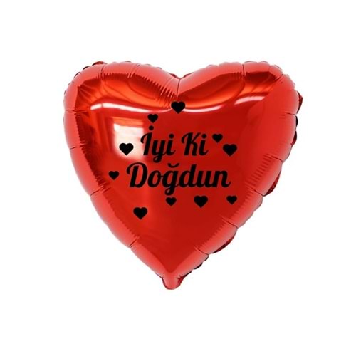 18 inç Kırmızı Renk Kalp Figürlü İyi ki Doğdun Temalı Kalp Folyo Balon