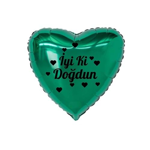 18 inç Yeşil Renk Kalp Figürlü İyi ki Doğdun Temalı Kalp Folyo Balon