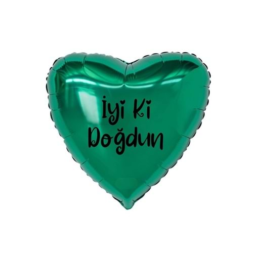 18 inç Yeşil Renk İyi ki Doğdun Yazılı Kalp Folyo Balon