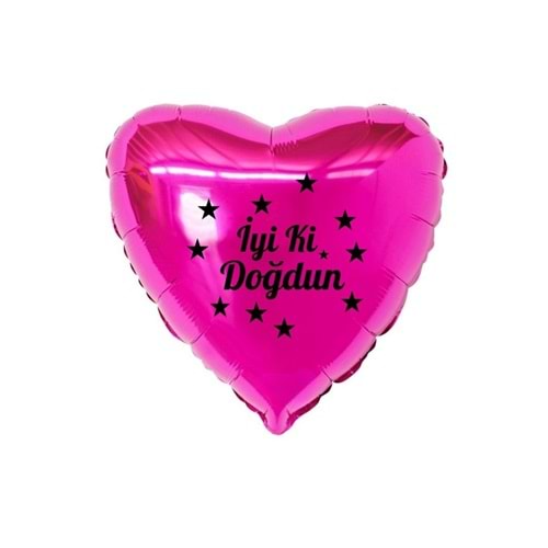18 inç Fuşya Renk Yıldız Figürlü İyi ki Doğdun Temalı Kalp Folyo Balon