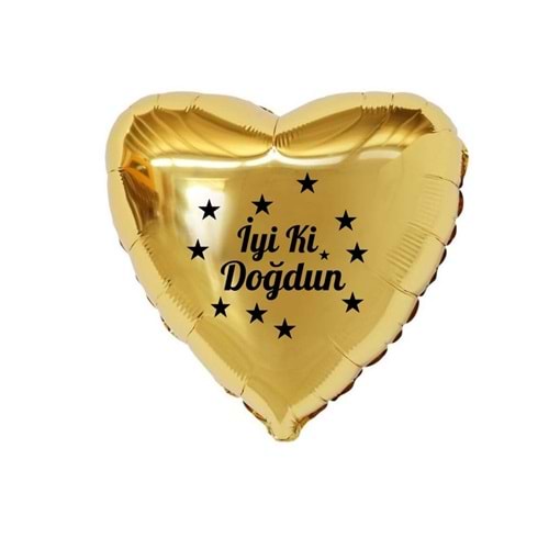 18 inç Gold Renk Yıldız Figürlü İyi ki Doğdun Temalı Kalp Folyo Balon