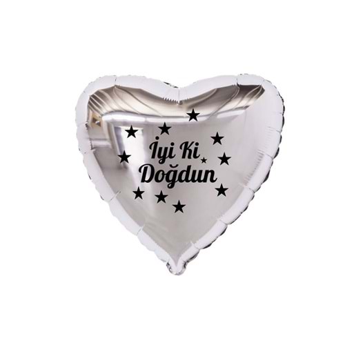 18 inç Gümüş Renk Yıldız Figürlü İyi ki Doğdun Temalı Kalp Folyo Balon