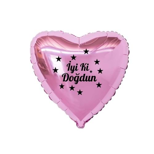 18 inç Pembe Renk Yıldız Figürlü İyi ki Doğdun Temalı Kalp Folyo Balon