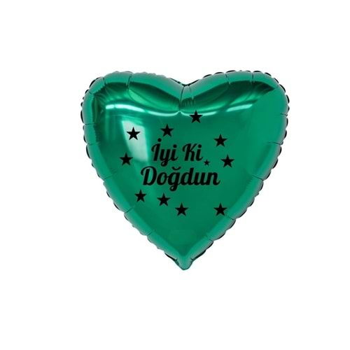 18 inç Yeşil Renk Yıldız Figürlü İyi ki Doğdun Temalı Kalp Folyo Balon