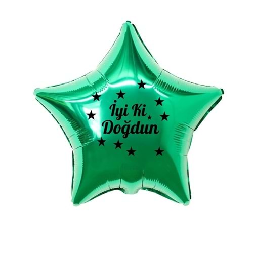 18 inç Yeşil Renk Yıldız Figürlü İyi ki Doğdun Temalı Yıldız Folyo Balon