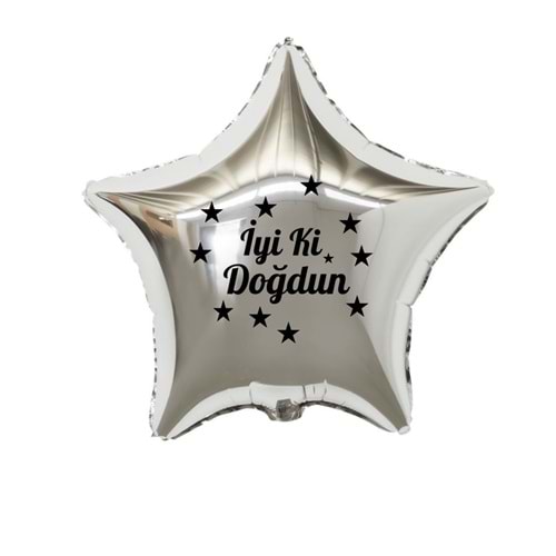 18 inç Gümüş Renk Yıldız Figürlü İyi ki Doğdun Temalı Yıldız Folyo Balon