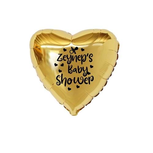 18 inç Gold Renk Kişiye Özel Baby Showers Yazılı Emzik-Kalp Figürlü Kalp Folyo Balon