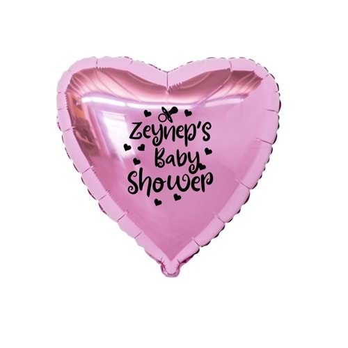 18 inç Pembe Renk Kişiye Özel Baby Showers Yazılı Emzik-Kalp Figürlü Kalp Folyo Balon