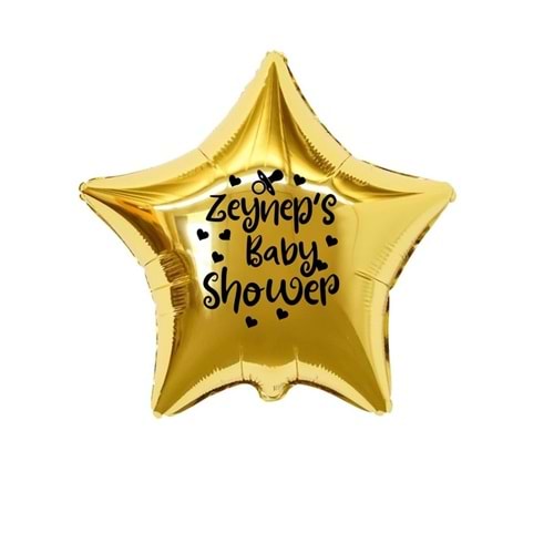 18 inç Gold Renk Kişiye Özel Baby Showers Yazılı Emzik-Kalp Figürlü Yıldız Folyo Balon