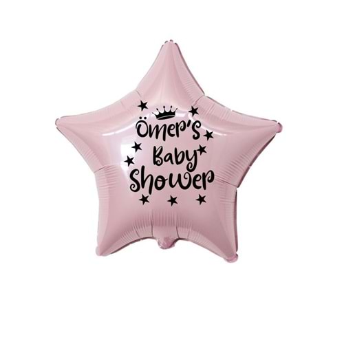 18 inç Pembe Renk Kişiye Özel Baby Showers Yazılı Yıldız-Taç Figürlü Yıldız Folyo Balon