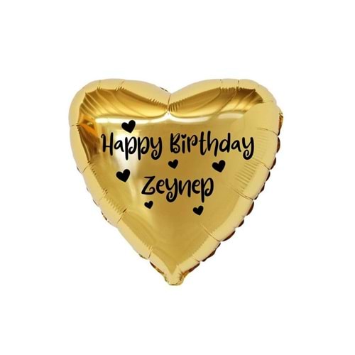 18 inç Gold Renk Kişiye Özel Happy Birthday Yazılı Kalp Figürlü Kalp Folyo Balon