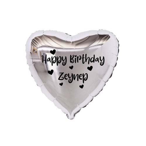 18 inç Gümüş Renk Kişiye Özel Happy Birthday Yazılı Kalp Figürlü Kalp Folyo Balon