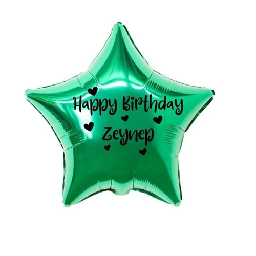 18 inç Yeşil Renk Kişiye Özel Happy Birthday Yazılı Kalp Figürlü Yıldız Folyo Balon