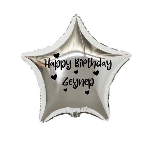 18 inç Gümüş Renk Kişiye Özel Happy Birthday Yazılı Kalp Figürlü Yıldız Folyo Balon