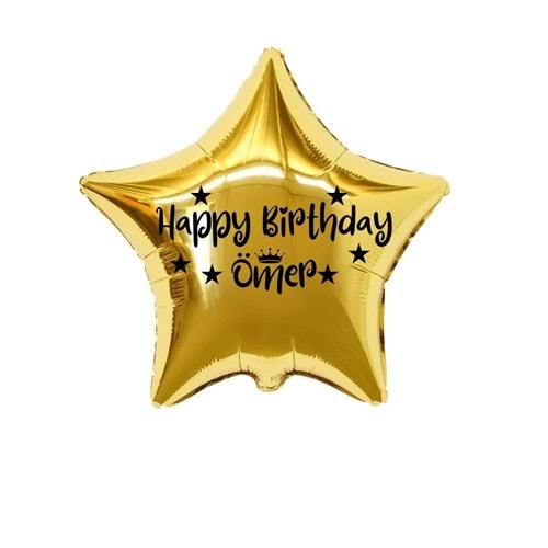 18 inç Gold Renk Kişiye Özel Happy Birthday Yazılı Yıldız-Taç Figürlü Yıldız Folyo Balon