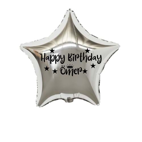 18 inç Gümüş Renk Kişiye Özel Happy Birthday Yazılı Yıldız-Taç Figürlü Yıldız Folyo Balon