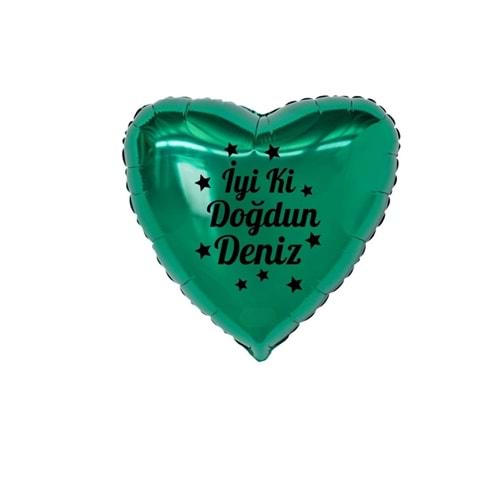 18 inç Yeşil Renk Kişiye Özel İyi ki Doğdun Yazılı Yıldız Figürlü Kalp Folyo Balon