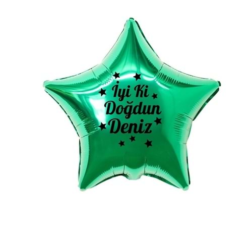 18 inç Yeşil Renk Kişiye Özel İyi ki Doğdun Yazılı Yıldız Figürlü Yıldız Folyo Balon