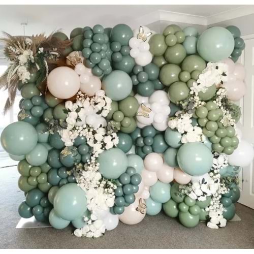 Zincir Balon Seti Adaçayı-Kış Yeşili-Okaliptus-Bej-Beyaz 5 Renk 100 Adet +Balon Şeridi