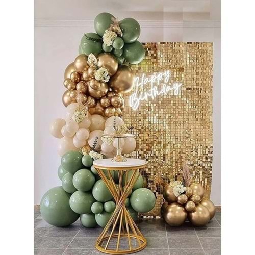 Zincir Balon Seti Küf Yeşili-Krom Gold-Deniz Kumu 3 Renk 100 Adet +Balon Şeridi