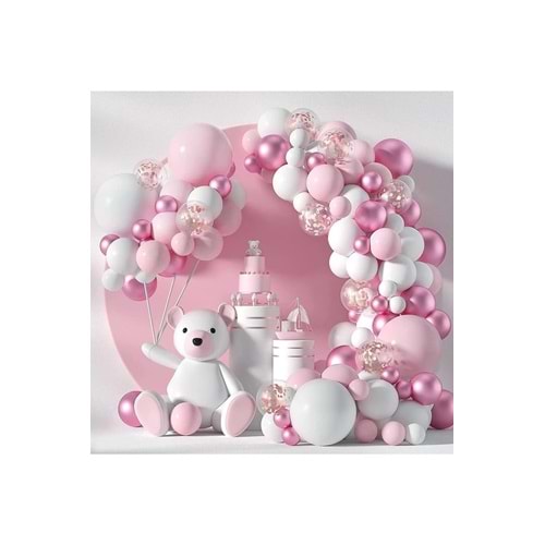 Zincir Balon Seti Makaron Pembe-Krom Pembe-Pastel Beyaz 3 Renk 100 Adet +Balon Şeridi
