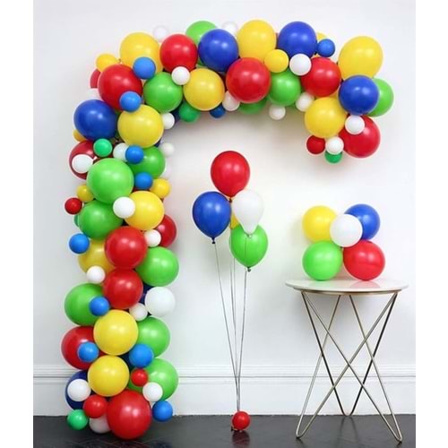 Zincir Balon Seti Açık Yeşil-Mavi-Açık Mavi-Kırmızı-Sarı-Beyaz 100 Adet +Balon Şeridi