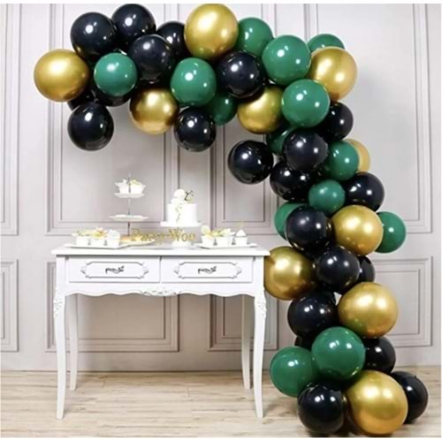 Zincir Balon Seti Siyah-Krom Gold-Koyu Yeşil 3 Renk 100 Adet +Balon Şeridi
