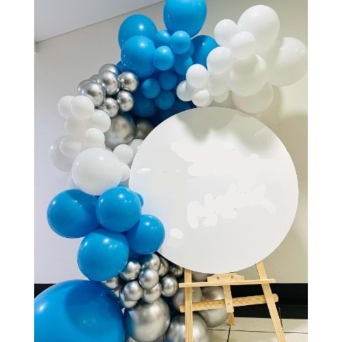 Zincir Balon Seti Mavi-Krom Gümüş-Pastel Beyaz 3 Renk 60 Adet +1 Adet Balon Şeridi