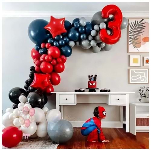 Zincir Balon Seti Kırmızı-Siyah-Beyaz-Gece Mavisi-Gri Pastel 5 Renk 60 Adet +BalonŞeridi